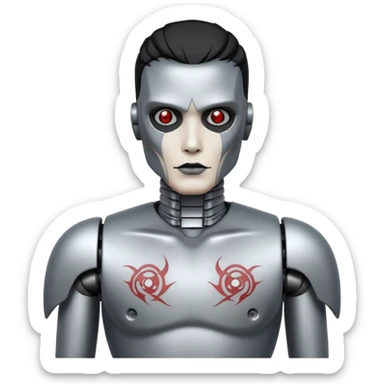 black metal Tatooed robot, big many tatooes on chest, neck and face, white tatoo on face sticker