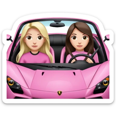 Make car far away so I can see full car Car facing forward in sports car. Make hair long  two girls in car far away Front of car sitting in the seats. Make it a pink sports car. They are two baddies make it a Lamborghini pink car  sticker