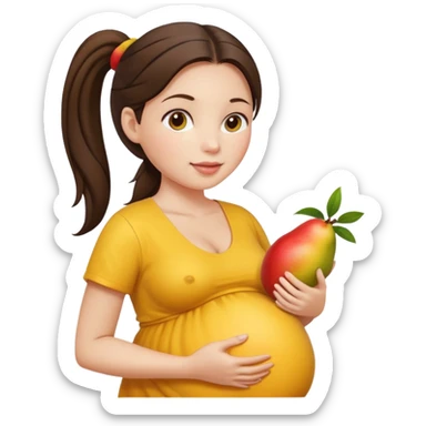 Brunette ponytail pregnant woman holding mango sticker