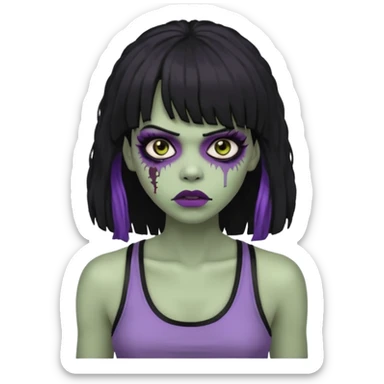 a female zombie with sage green skin, black long afro afro hair with bangs, and a black tank top  sticker