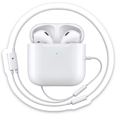 White Apple EarPods with cord coiled in a circle, white wired headphones neatly wrapped in circular shape, iOS style sticker