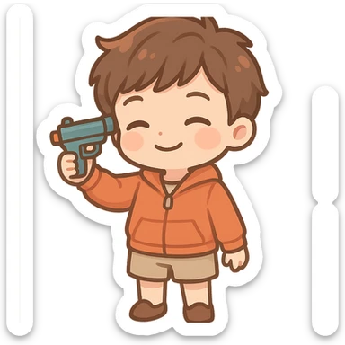 Young boy in shorts and an orange jacket with a gun to his own head, smiling sticker