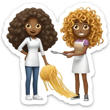 Spaghetti cooking battle teenage girl with curly hair, adult woman with slightly wavy hair  sticker