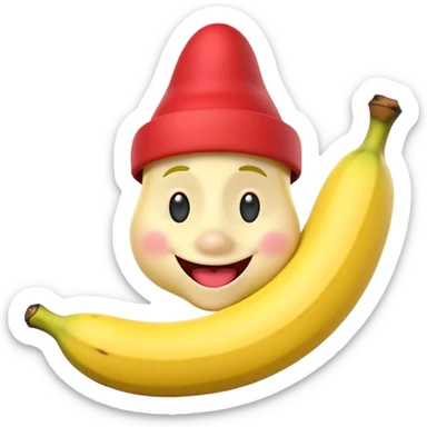 A 3D cartoon banana with a red nose and tiny hat, smiling face, playful pose, Memoji-style. sticker