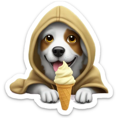 Dog wearing a hoodie with a top hat eating ice cream on a surfboard sticker