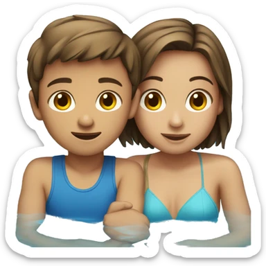 boy short brown hair and girl sitting in a pool with water sticker