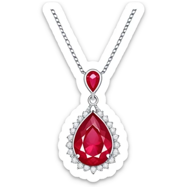 teardrop ruby pendant on silver chain, surrounded by white stones and radiant aura sticker