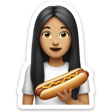 white italian girl with long black hair, brown eyes, eating hot dog sticker