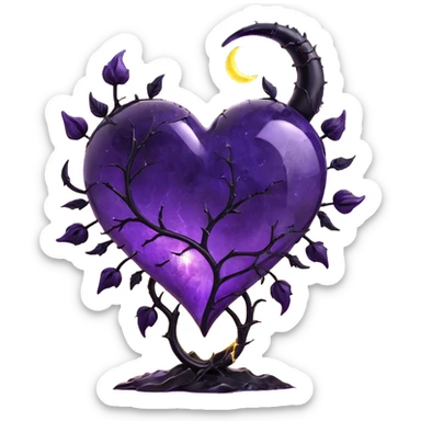 gothic heart made of purple glass with a crescent moon behind the heart, black rose petals falling, glowing stardust, forked lightning, stormy rain, fractured cracked glass texture sticker