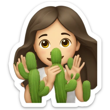 femme brune qui tient trois petits cactus dans ses mains sticker