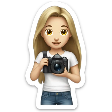 young very dark blond hair girl with camera and white T-shirt sticker