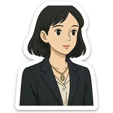 ghibli style college girl with black hair, white skin, wearing a Cartier necklace, old money luxury vibe sticker