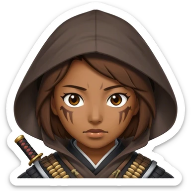  a brown hair female samurai warrior with a hood and scars  sticker