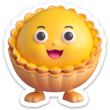 cute 3D egg tart character with golden crispy tart shell, jiggly custard face, big watery eyes, expressive cartoon mouth, pastel color palette, chubby cheeks, comical exaggerated emotion, soft lighting, glossy textures, kawaii style sticker