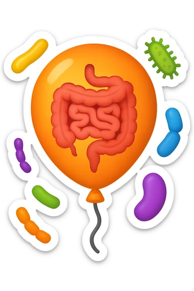 emoji stile iphone di un palloncino con intestino dentro e batteri intestinali intorno sticker