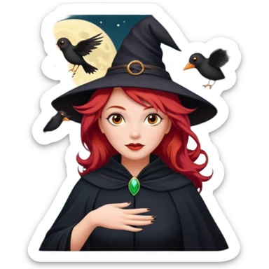 witch with red hair flying , on the background - full moon and black birds sticker