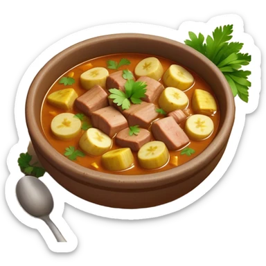 Cinematic Realistic Sancocho Antioqueño Emoji, depicting a hearty Colombian stew brimming with tender cuts of meat, yuca, plantains, corn on the cob, and potatoes in a rich, flavorful broth. Served in a rustic clay bowl with fresh cilantro and lime on the side, rendered with warm, inviting textures and homely, comforting lighting. sticker