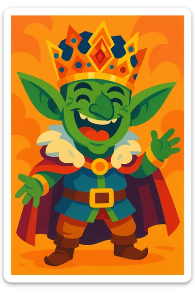 happy goblin king, vibrant fantasy, detailed crown, joyful expression sticker