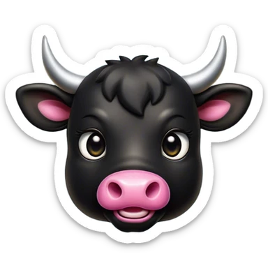 Cinematic Cute Black Bull Portrait Emoji, Head tilted playfully and inquisitively, featuring a glossy, robust black hide with a striking sheen, round, sparkling dark eyes filled with gentle curiosity, Simplified yet irresistibly adorable features, highly detailed, glowing with a warm, friendly glow, high shine, affectionate and imposing, stylized with a touch of rugged charm, bright and endearing, soft glowing outline, capturing the essence of a mischievous yet loving bull, so playful it feels like it could stomp out of the screen and into your arms! sticker