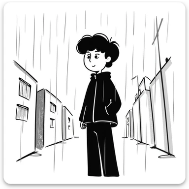 Anime boy protagonist standing in pouring rain, dramatic anime scene sticker