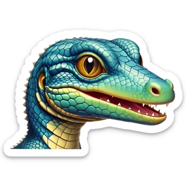 Cinematic Comical Monitor Lizard Portrait Emoji, Head tilted dramatically with an exaggeratedly shocked expression, featuring a robust, patterned body with wide, comically expressive eyes full of humorous disbelief, Simplified yet hilariously expressive features, highly detailed, glowing with a slightly sassy glow, high shine, dramatic yet playful, stylized with an air of quirky reptilian attitude, soft glowing outline, capturing the essence of a meme-worthy monitor lizard that looks ready to side-eye its way into viral fame! sticker
