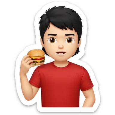 generate a pretty fair bratz boy with a messy mullet (black hair), wearing a red tshirt. eating a burger and fries, big biceps sticker