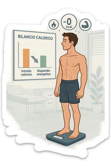 a man stands on a digital scale, looking at a nutrition chart that shows his daily calorie intake is lower than his energy expenditure. Floating icons above his head display a negative calorie balance, and his body appears slightly leaner, with visible muscle definition. The background is a modern clinic, emphasizing the concept of caloric deficit. scritto in italiano sticker