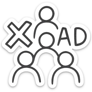 hand drawn black outline icon, symmetrical, a group of people arranged in a pyramid shape, with a large cross symbol and the word 'bad' behind them sticker