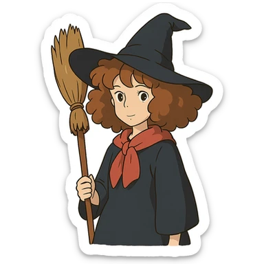 ghibli style witch with caramel brown curly hair sticker