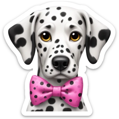 a  Dalmatian with all black ears wearing a pink bow sticker