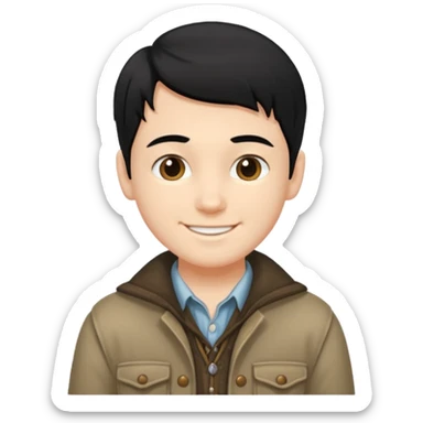 A white boy with black hair, wearing old clothes and a beautiful style sticker