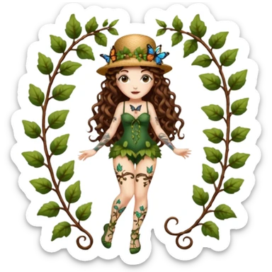 full body woman long curly brown hair brown eyes white skin tattoos wearing butterfly hat and glowing vine stockings sticker