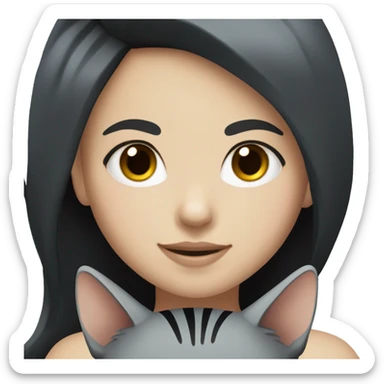 White skin girl with black hair and black eyes holding a grey cat and smiling  sticker