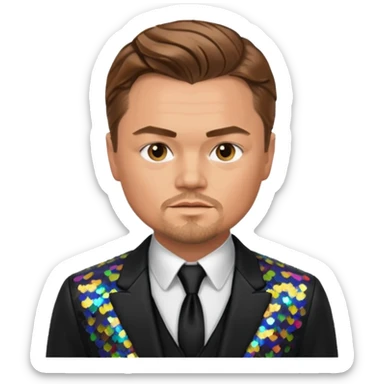 Leonardo DiCaprio with light brown hair, black sequin suit sticker