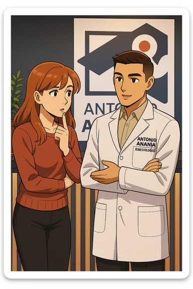 su questo stile fai un manga/webtoon a colori in cui una donna SI TOCCA IL MENTO MENTRE FA UNA DOMANDA ALL'UOMO, l'uomo della foto in stile manga LE SPIEGA CHE DEVE PROVARE LA SUA VALUTAZIONE MEDICA, mantieni un ambiente simile alla foto che ho allegato con il suo logo (sarebbe il suo studio, lui è un kinesiologo), scrivigli "ANTONIO ANANIA" sul camice bianco, non mettere fumetti, ma fai in modo che sembri che la donna CHIEDA E  l'uomo RISPONDA sticker