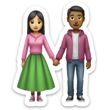 Tall mexican guy with hoodie and short asian girl with pink dress holding hands sticker