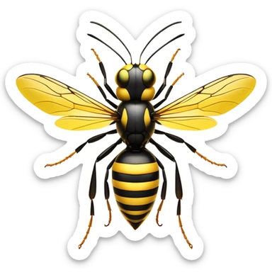 Cinematic Noble Wasp Portrait Emoji, Poised and formidable, with a sleek, slender body in bold yellow and black hues, angular, translucent wings and sharp, focused eyes exuding determined intensity, Simplified yet strikingly defined features, highly detailed, glowing with a cool, assertive radiance, high shine, intelligent and vigilant, stylized with an air of natural precision, focused and alert, soft glowing outline, capturing the essence of a watchful wasp that appears ready to buzz out of the screen with commanding presence! sticker