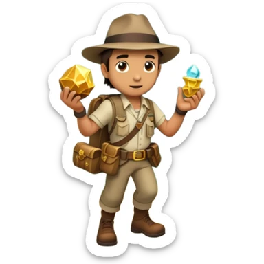 an adventure game, inspired by Uncharted-2. The design features a rugged explorer navigating through ancient ruins, with treasure and obstacles in the background. A dynamic environment with jungle, cliffs, and puzzles highlights the thrill of discovery and action. Transparent background. sticker