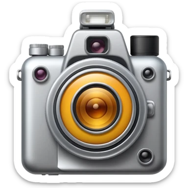 Minimal emoji icon of a modern metalic camera, front view, simple shapes, realistic lens,  sticker