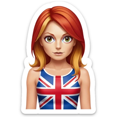 Geri Halliwell with red hair and blonde highlights wearing a short bodycon uk flag dress sticker