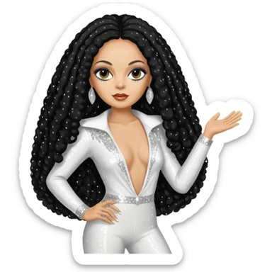 Diana Ross with long jet black hair, white sequin outfit sticker