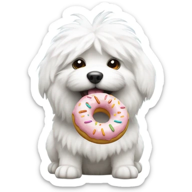 White fluffy dog holding a donut  sticker