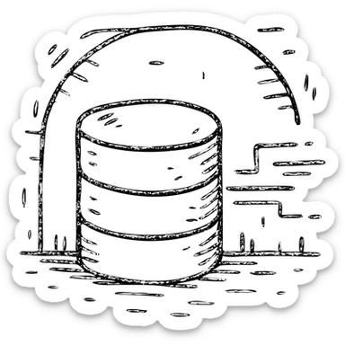 hand drawn outlined icon of stacked database cylinders in a basement or underground setting with abstract data streams, worn and distressed effect, detailed icon sticker