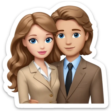 Barbie girl  , eyes blue , Chestnut  long wavy hair In beige clothes, Hugs a man with brown hair, brown eyes and a black suit sticker
