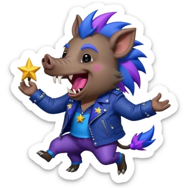 Sticker,A wild boar laughing loudly with a dark blue mohawk with purple and blue hues, wearing a black leather jacket, a wild boar with fangs, but not dangerous,  decorated with stars, ((cheerful, laugh)), surrounded by white outline, on transparent background sticker
