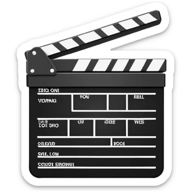 Extremely minimalist movie clapperboard with angled top bar, black and white, iOS emoji style with just the essential elements sticker
