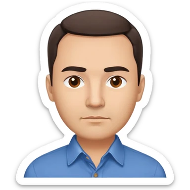 Middle-aged Hispanic man with round face, broad cheekbones, light skin. Warm brown eyes, thick straight eyebrows. Short brown hair combed slightly back with receding hairline. Professional look. Wearing a blue button-down shirt. sticker