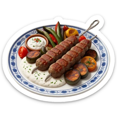 Cinematic Realistic image of a long, hand shaped Turkish Köfte, rendered with richly spiced meat textures and subtle grill marks, artfully arranged on a traditional Turkish ceramic plate alongside classic sides such as a serving of aromatic pilaf, crisp grilled vegetables, and a dollop of creamy yogurt, all bathed in warm, appetizing lighting that emphasizes its savory allure. sticker