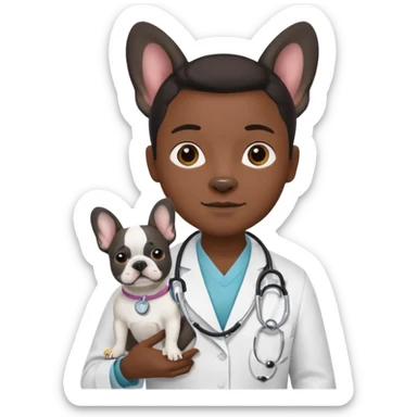 hombre médico que tenga un estetoscopio de color de tez negra que sostiene un bulldog francés blanco sticker