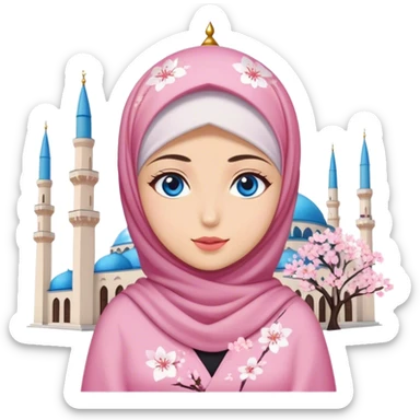 Turkish beautiful finish Konya girl blue eyes with hijab and cherry blossom dress on mosque sticker